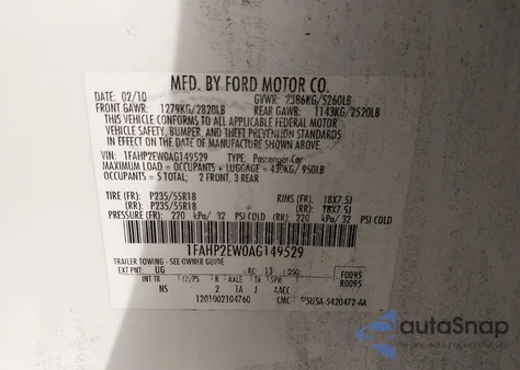 2010 Ford Taurus Sel из США, поврежденный, VIN 1FAHP2EW0AG149529